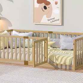 Twin Size Floor Bed with High Fence Railings