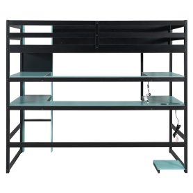 Twin Size Wood Loft Bed With Desk, Side Storage Rack, Multi-storage Shelves And RGB Light