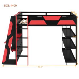 Full Size Gaming Loft Bed with Desk, Shelves & LED Lights