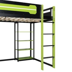 Full Size Wood Loft Bed with Desk, Shelves, Power Outlet & USB/Type-C Ports and RGB Light