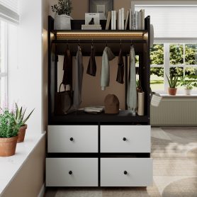 Twin Size Bunk Bed with 4 Storage Drawers, Hanging Rail, Light Strip and Built-in Shelves & Dual Pegboards