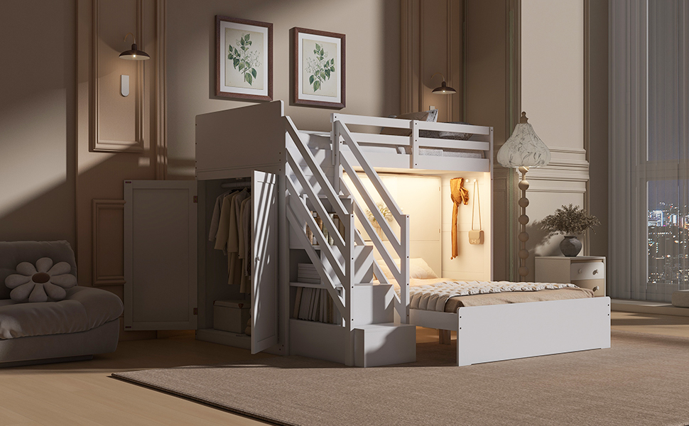 Twin Over Full Bunk Bed With Storage Stairs, Wardrobe, USB And Light 23 Twin Over Full Bunk Bed With Storage Stairs, Wardrobe, USB And Light