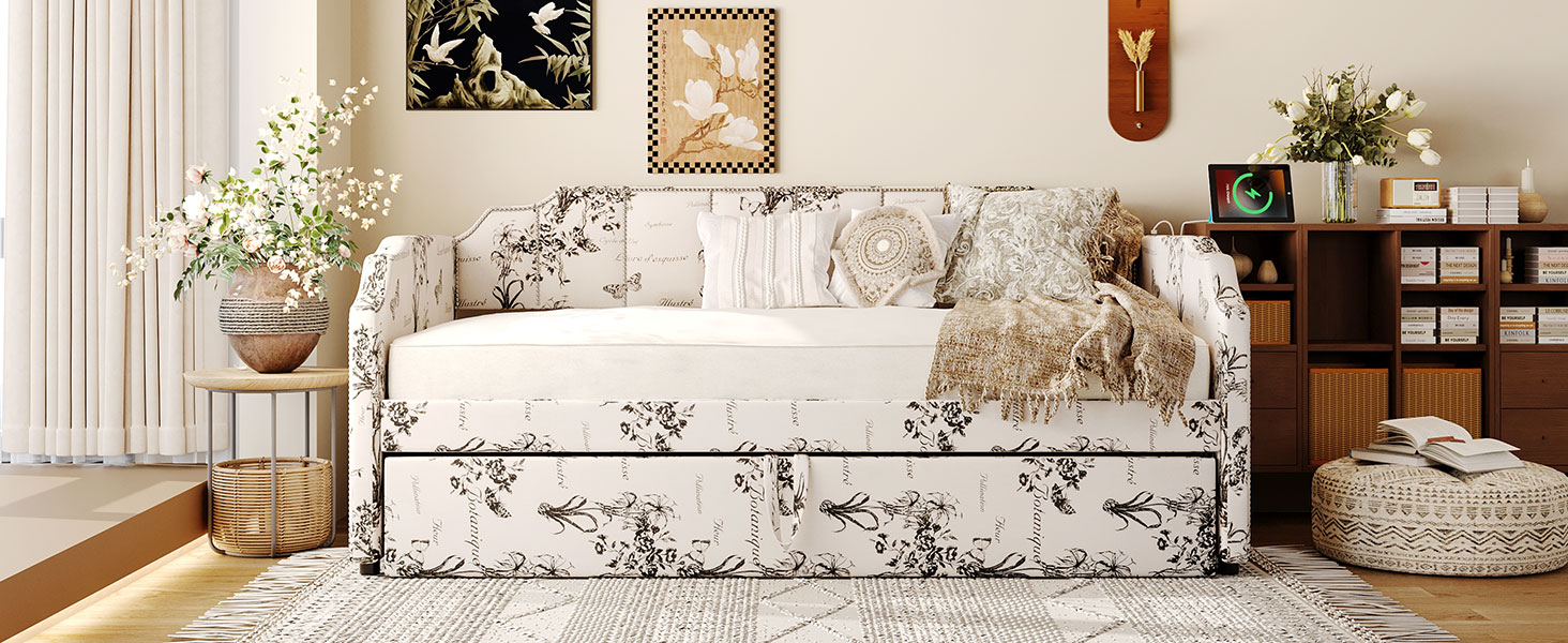 Twin Size Upholstered Daybed with Pop-Up Trundle & USB Charging Ports 28 Twin Size Upholstered Daybed with Pop-Up Trundle & USB Charging Ports