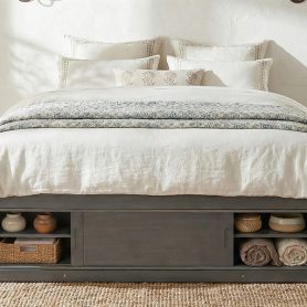 Queen Size Platform Bed Frame with 4 Storage Drawers and Footboard Storage Cubby