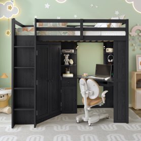 Twin Size Loft Bed with Integrated Large Wardrobe and Desk