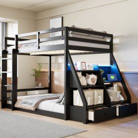 Full Bunk Bed with APP-Controlled LED Lights, USB Ports, Storage Shelves and 2 Drawers