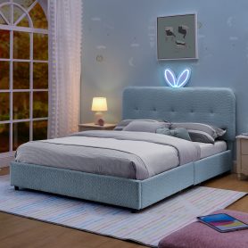 Home 35 Full Size Kids Upholstered Bed With Oversized Rabbit Ear Headboard, Music Sync, LED Light & 4 Storage Drawers