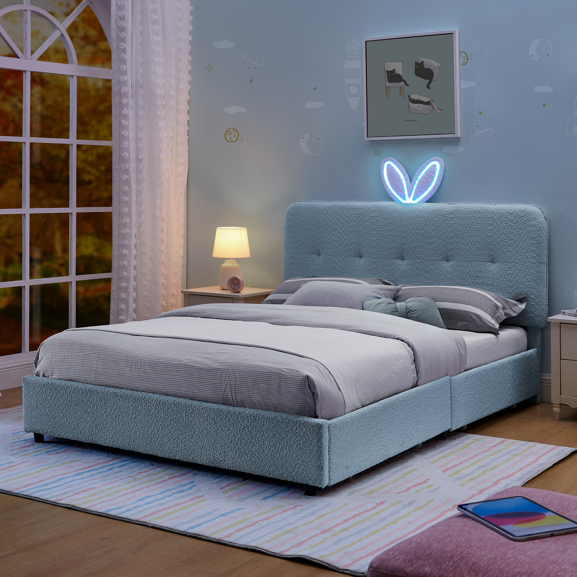 Full Size Kids Upholstered Bed With Oversized Rabbit Ear Headboard, Music Sync, LED Light & 4 Storage Drawers 3 Full Size Kids Upholstered Bed With Oversized Rabbit Ear Headboard, Music Sync, LED Light & 4 Storage Drawers