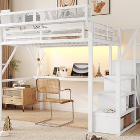Full Size Metal Loft Bed With Desk, Charging Station, Stairs And Light