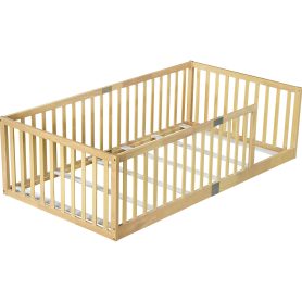 Twin Size Floor Bed with High Fence Railings, without Door