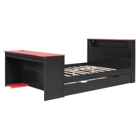 Full Size Wood Daybed with Twin Size Trundle, Desk, LED light and USB