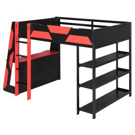 Full Size Gaming Loft Bed with Desk, Shelves & LED Lights