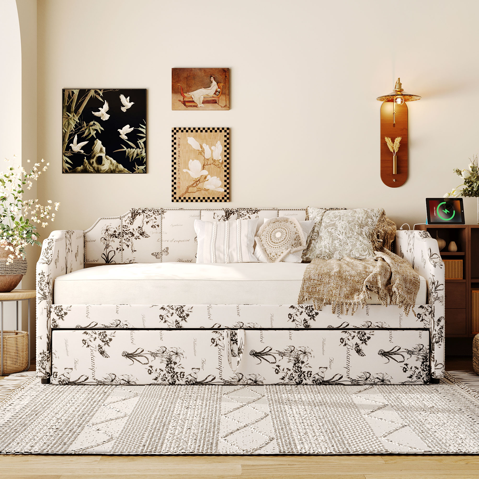 Twin Size Upholstered Daybed with Pop-Up Trundle & USB Charging Ports 4 Twin Size Upholstered Daybed with Pop-Up Trundle & USB Charging Ports