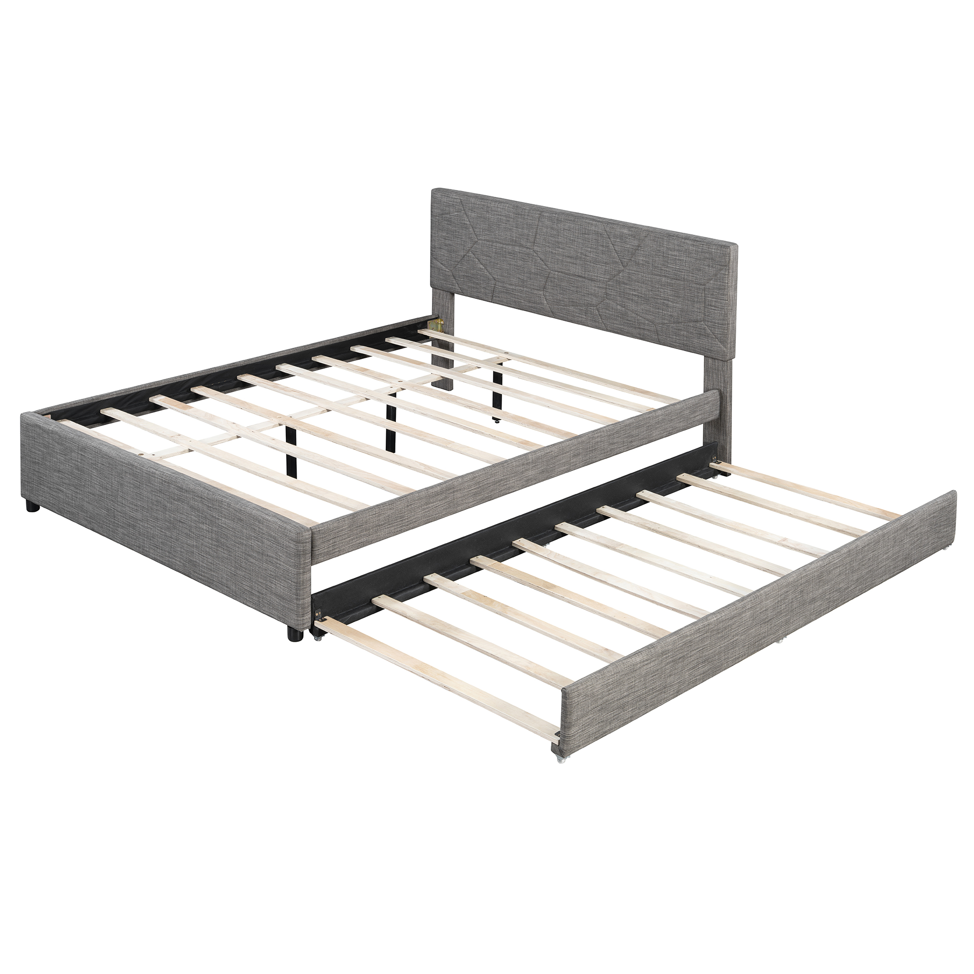 Queen Size Upholstered Platform Bed with Brick Pattern Headboard and Twin XL Size Trundle 14 Queen Size Upholstered Platform Bed with Brick Pattern Headboard and Twin XL Size Trundle