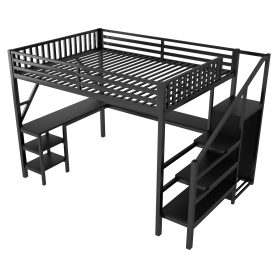 Metal Queen Size Loft Bed with L Shaped Desk and USB for Kids Teens Adults