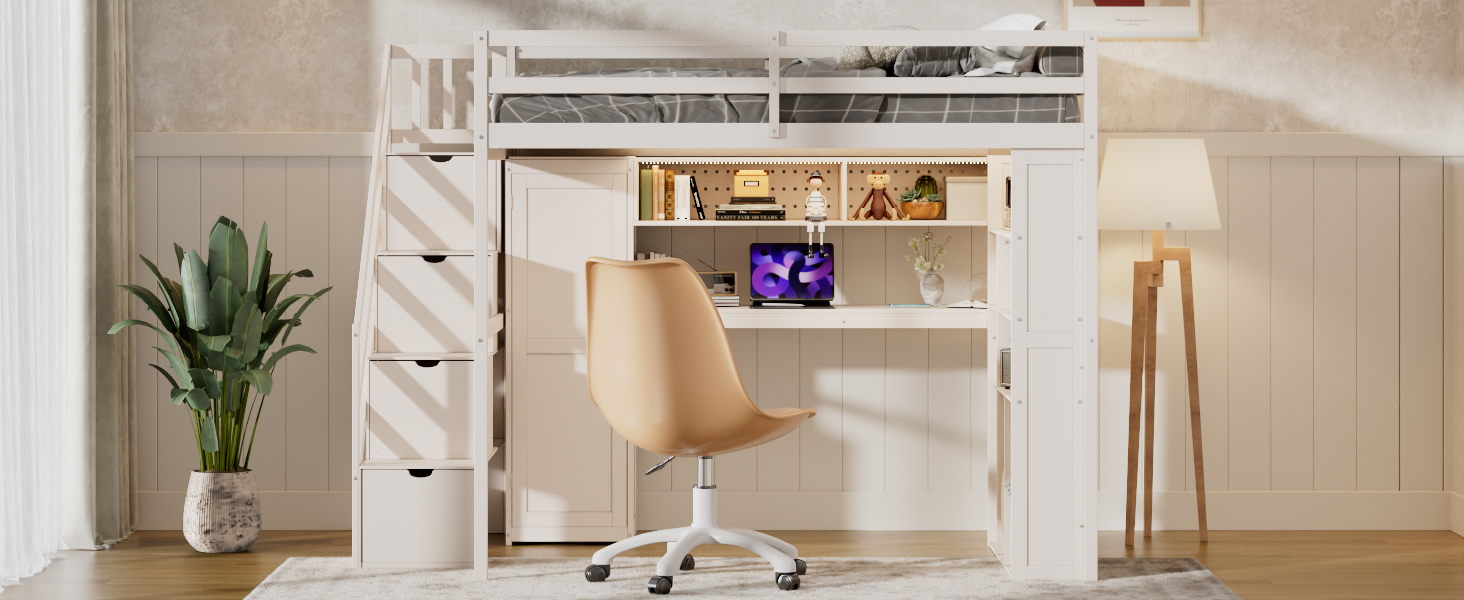 Full Loft Bed Frame with Built-In Wardrobe, Study Desk, Storage Shelves & Lights 27 Full Loft Bed Frame with Built-In Wardrobe, Study Desk, Storage Shelves & Lights