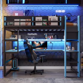 Twin Size Wood Loft Bed With Desk, Side Storage Rack, Multi-storage Shelves And RGB Light