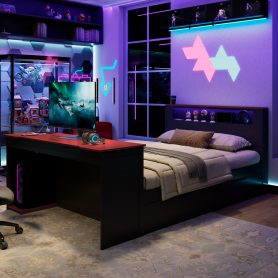 Full Size Wood Daybed with Twin Size Trundle, Desk, LED light and USB