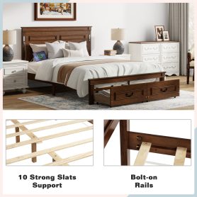 Queen Size Bed with Tall-Panel Headboard & Footboard, 2 Storage Drawers, Built-in LED Lights, USB Charging Station