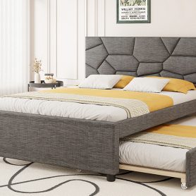Queen Size Upholstered Platform Bed with Brick Pattern Headboard and Twin XL Size Trundle 46 Queen Size Upholstered Platform Bed with Brick Pattern Headboard and Twin XL Size Trundle
