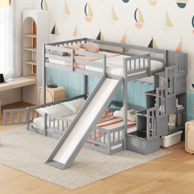 Twin Over Full Bunk Bed with Slide, Storage Staircase and Guardrails