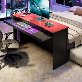 Full Size Wood Daybed with Twin Size Trundle, Desk, LED light and USB