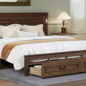 King Size Bed with Tall-Panel Headboard & Footboard, 2 Storage Drawers, Built-in LED Lights, USB Charging Station