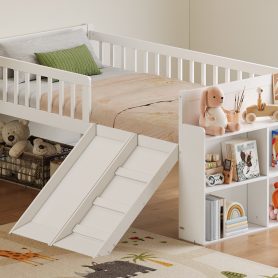 Wooden Twin Bed Frame With Storage Shelf, Guardrail, Slide And Ladder