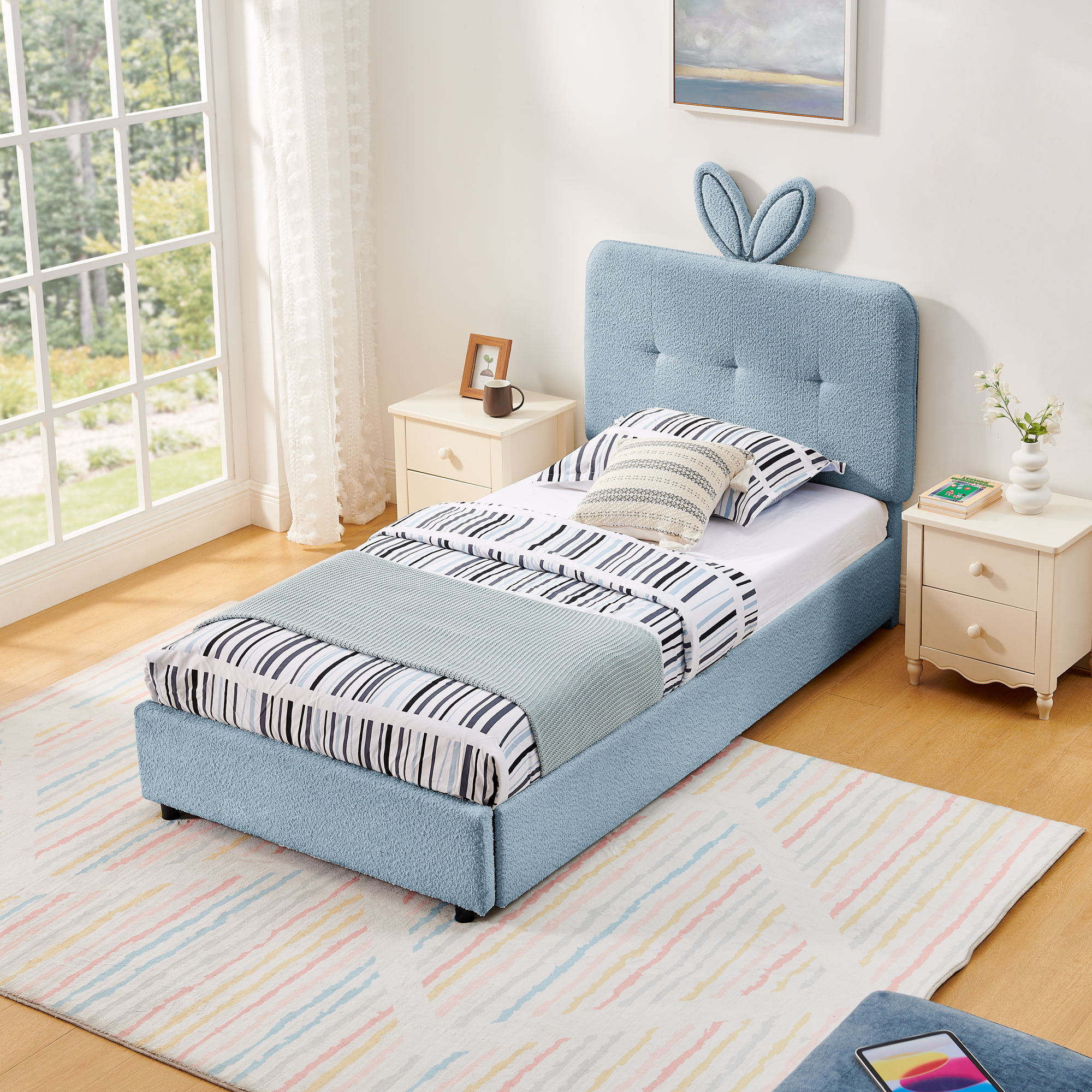 Twin Size Kids Upholstered Bed With Oversized Rabbit Ear Headboard, Music Sync, LED Light & 4 Storage Drawers 7 Twin Size Kids Upholstered Bed With Oversized Rabbit Ear Headboard, Music Sync, LED Light & 4 Storage Drawers