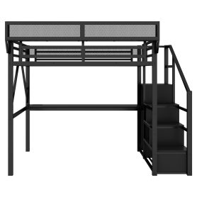 Metal Full Size Loft Bed With Desk, Charging Station, Stairs And Light