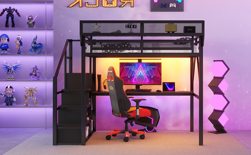 Metal Queen Size Loft Bed With Desk, Charging Station, Stairs And Light 21 Metal Queen Size Loft Bed With Desk, Charging Station, Stairs And Light