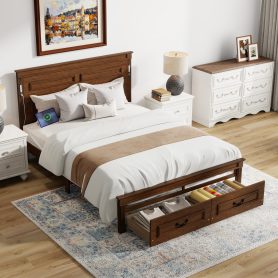 Queen Size Bed with Tall-Panel Headboard & Footboard, 2 Storage Drawers, Built-in LED Lights, USB Charging Station