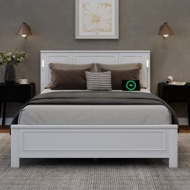 Queen Size Bed with Tall-Panel Headboard & Footboard, Built-in LED Lights, USB Charging Station