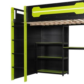 Full Size Wooden Gaming Loft Bed with Storage Shelves, Desk, USB & Power Outlet, and LED Light