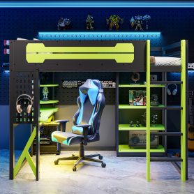 Full Size Wood Loft Bed with Desk, Shelves, Power Outlet & USB/Type-C Ports and RGB Light
