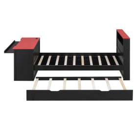 Twin Size Wood Daybed with Twin Size Trundle, Desk, LED light and USB