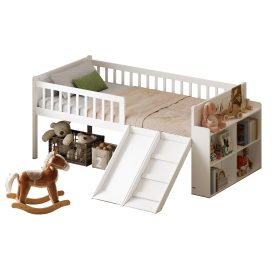 Wooden Twin Bed Frame With Storage Shelf, Guardrail, Slide And Ladder