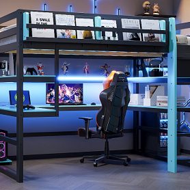 Full Size Wood Loft Bed With Desk, Side Storage Rack, Multi-storage Shelves And RGB Light