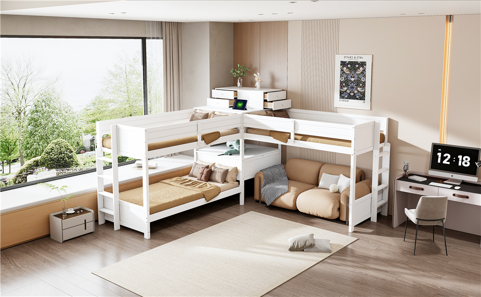Twin Size L-shaped Bunk Bed With Built-in Desk, 4 Drawers And USB Ports & Power Outlet 22 Twin Size L-shaped Bunk Bed With Built-in Desk, 4 Drawers And USB Ports & Power Outlet