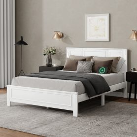 Queen Size Bed with Tall-Panel Headboard & Footboard, Built-in LED Lights, USB Charging Station