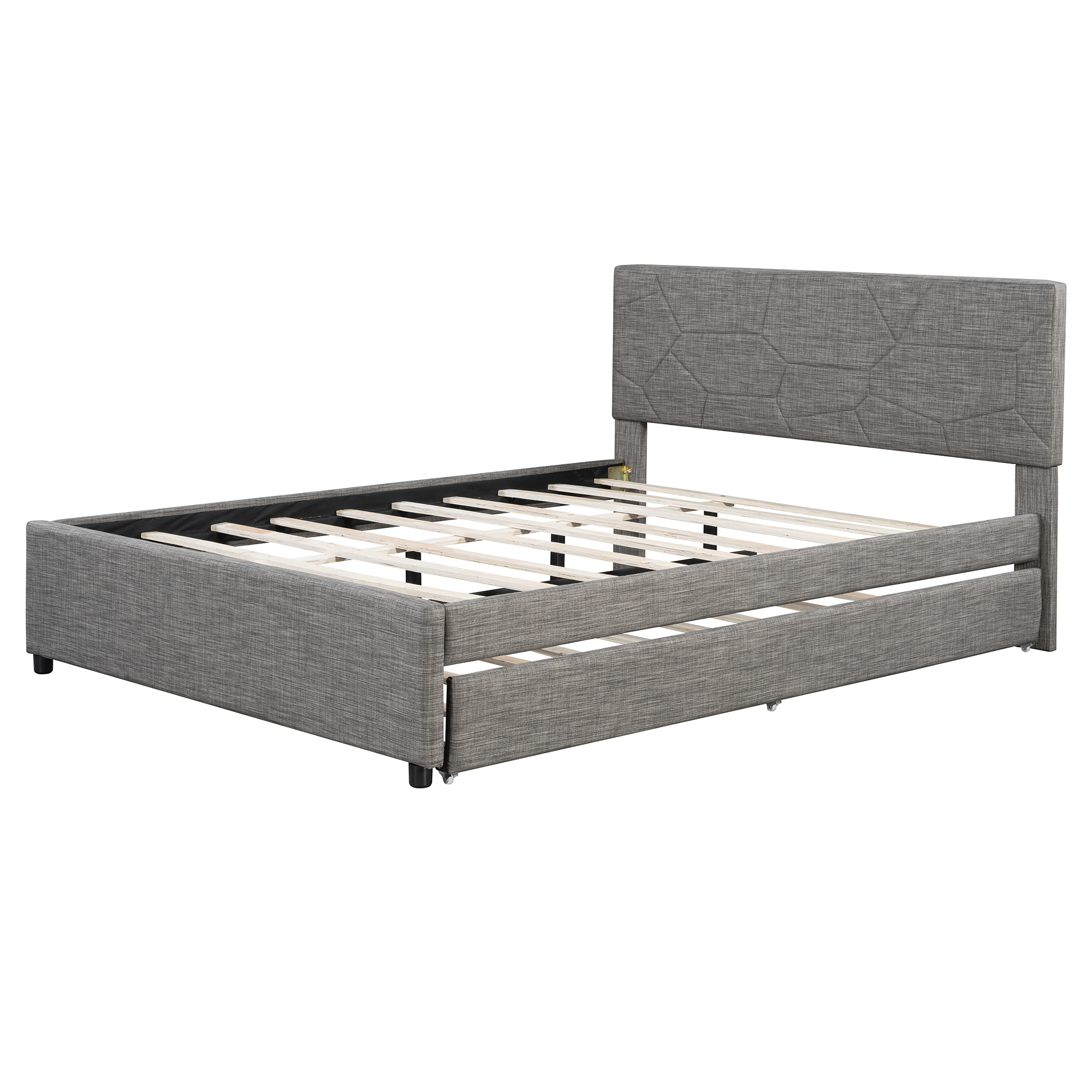 Queen Size Upholstered Platform Bed with Brick Pattern Headboard and Twin XL Size Trundle 16 Queen Size Upholstered Platform Bed with Brick Pattern Headboard and Twin XL Size Trundle