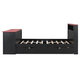 Full Size Wood Daybed with Twin Size Trundle, Desk, LED light and USB