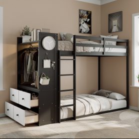 Twin Size Bunk Bed with 4 Storage Drawers, Hanging Rail, Light Strip and Built-in Shelves & Dual Pegboards