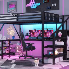 Metal Queen Size Loft Bed with L Shaped Desk and USB for Kids Teens Adults