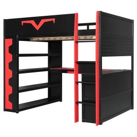 Full Size Gaming Loft Bed with Integrated Desk & RGB LED Lights, Pro-Gamer Bed with Power Outlet, Large Bookshelf, Pegboard, Keyboard Tray & Storage Drawer