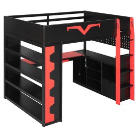 Full Size Gaming Loft Bed with Integrated Desk & RGB LED Lights, Pro-Gamer Bed with Power Outlet, Large Bookshelf, Pegboard, Keyboard Tray & Storage Drawer