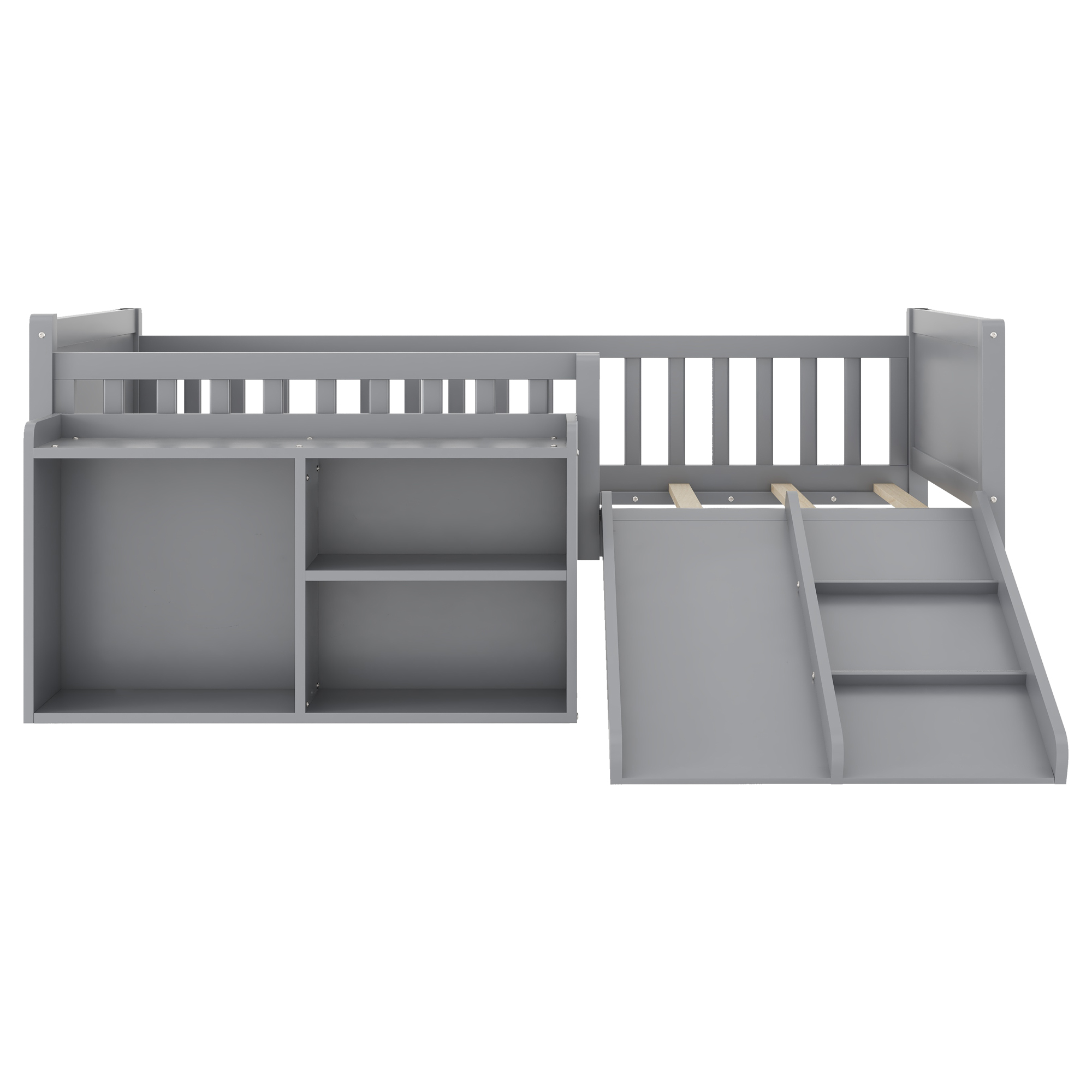 Twin Size Low Loft Bed with Slide, Movable Bookshelf Storage, Guardrails 13 Twin Size Low Loft Bed with Slide, Movable Bookshelf Storage, Guardrails