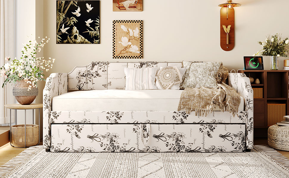 Twin Size Upholstered Daybed with Pop-Up Trundle & USB Charging Ports 26 Twin Size Upholstered Daybed with Pop-Up Trundle & USB Charging Ports