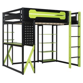 Full Size Wood Loft Bed with Desk, Shelves, Power Outlet & USB/Type-C Ports and RGB Light