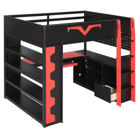 Full Size Gaming Loft Bed with Integrated Desk & RGB LED Lights, Pro-Gamer Bed with Power Outlet, Large Bookshelf, Pegboard, Keyboard Tray & Storage Drawer